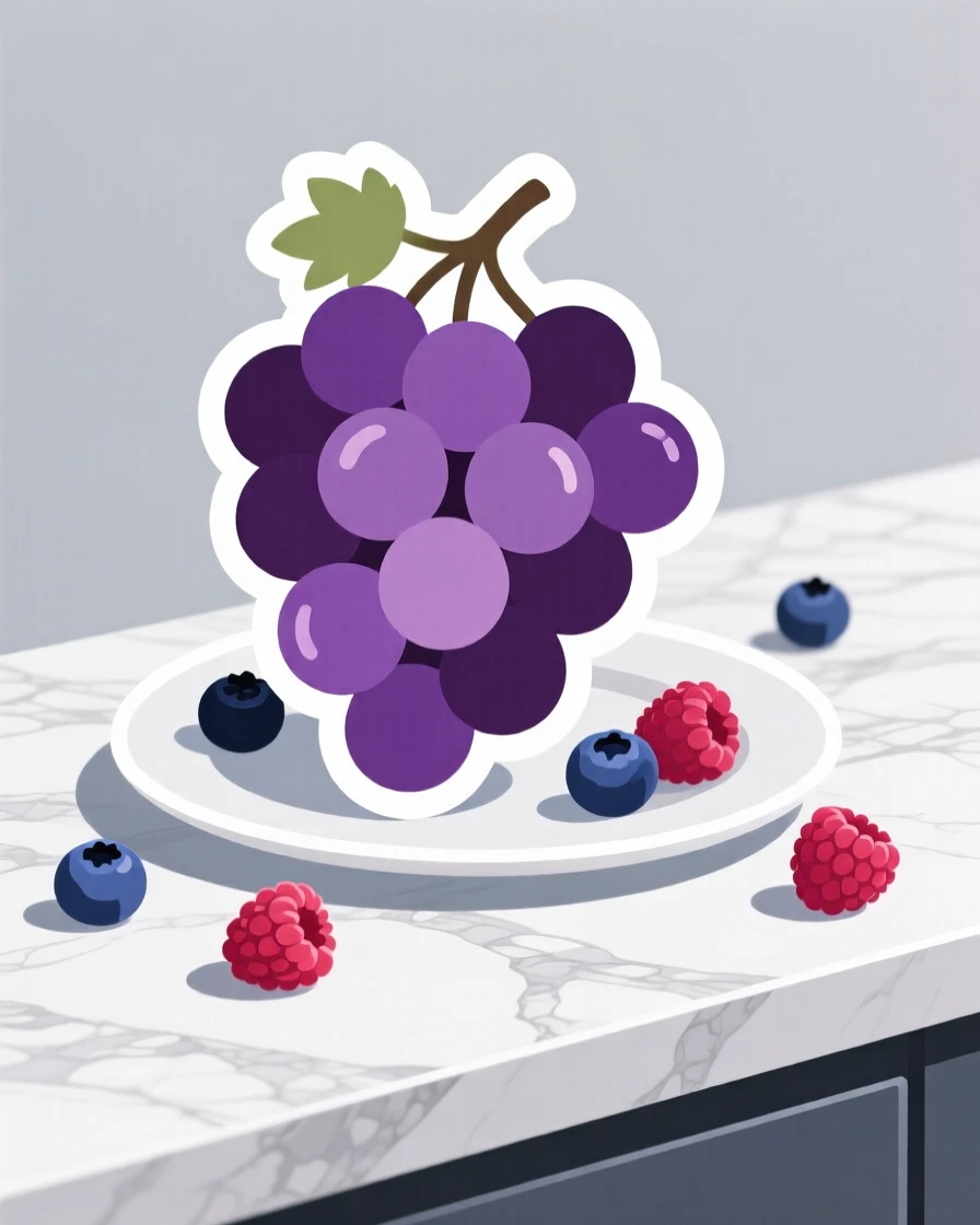 A perfectly plated cluster of grapes on the vine, with fresh berries scattered around it, on a marble countertop with soft shadows.