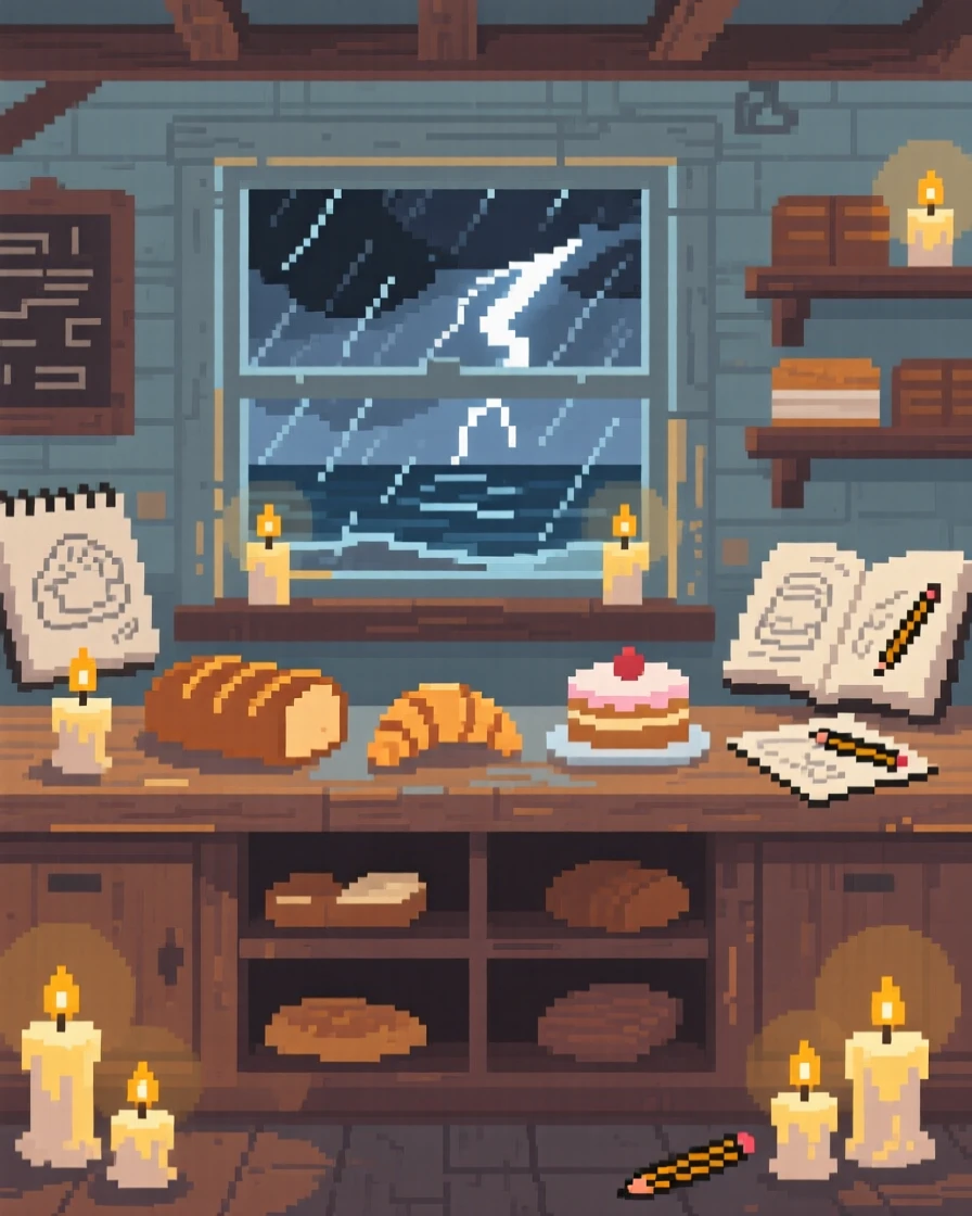 A bakery counter surrounded by candles and open sketchbooks, inside a seaside cottage during a storm.