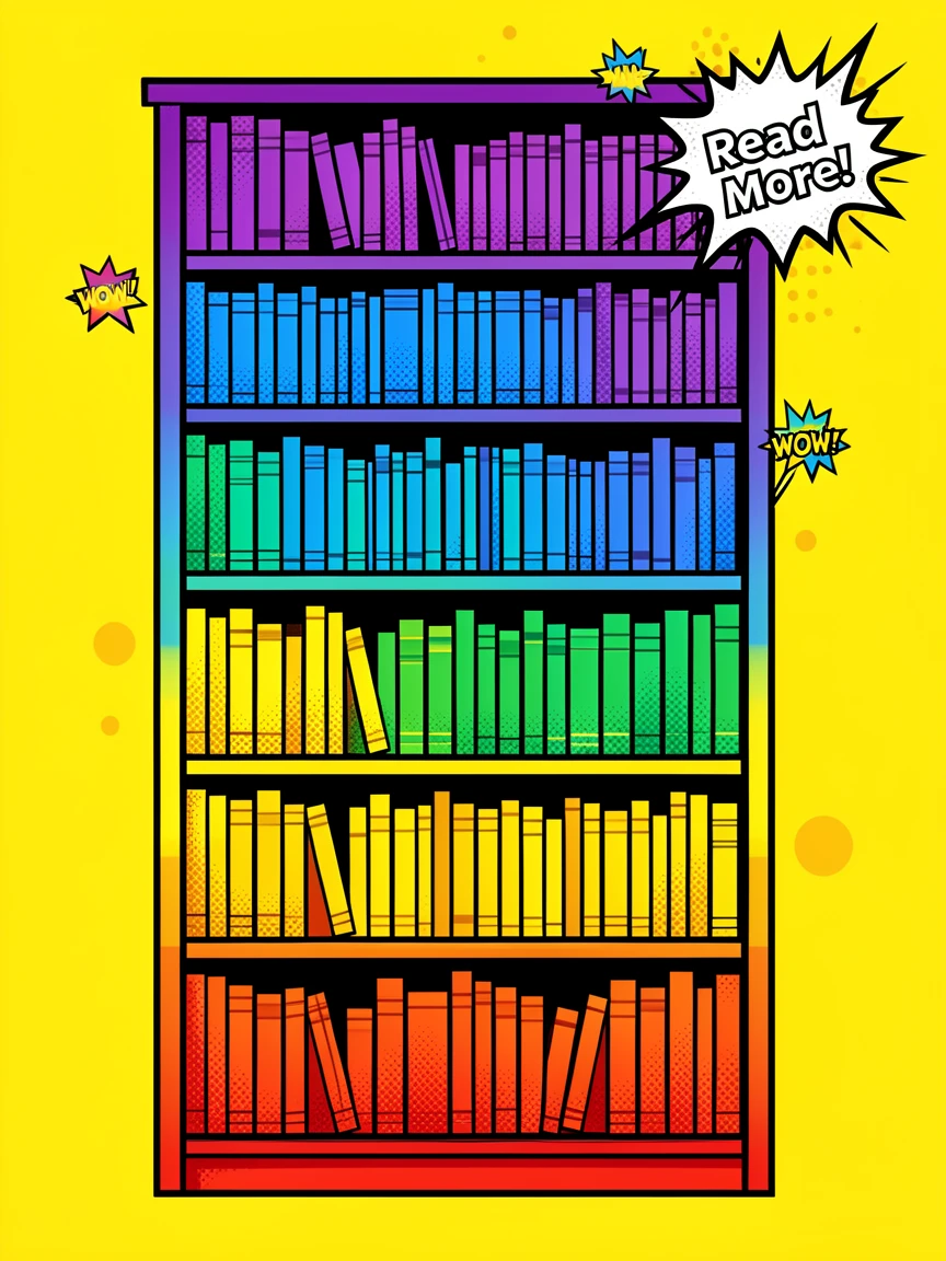A well-loved bookshelf organized by color from floor to ceiling