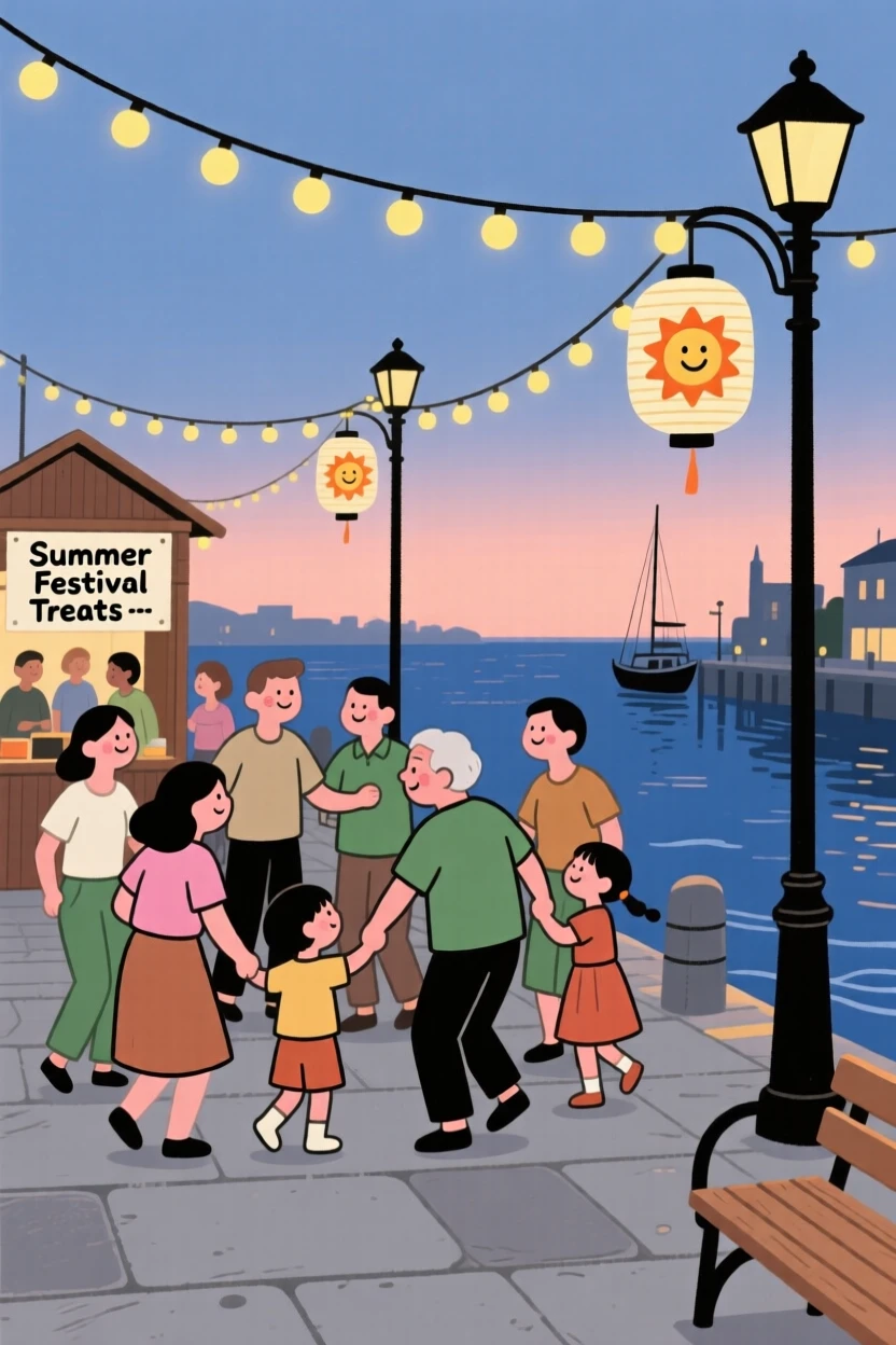 A community gathers in the harbor promenade for a summer festival, dancing together beneath strings of fairy lights as evening falls.