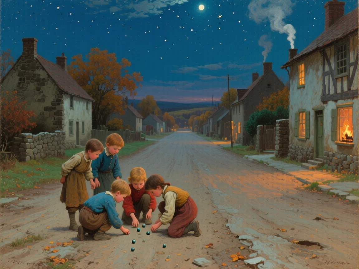 An expansive vista of children playing marbles on a dusty village street, under a canopy of stars, in mid-autumn.