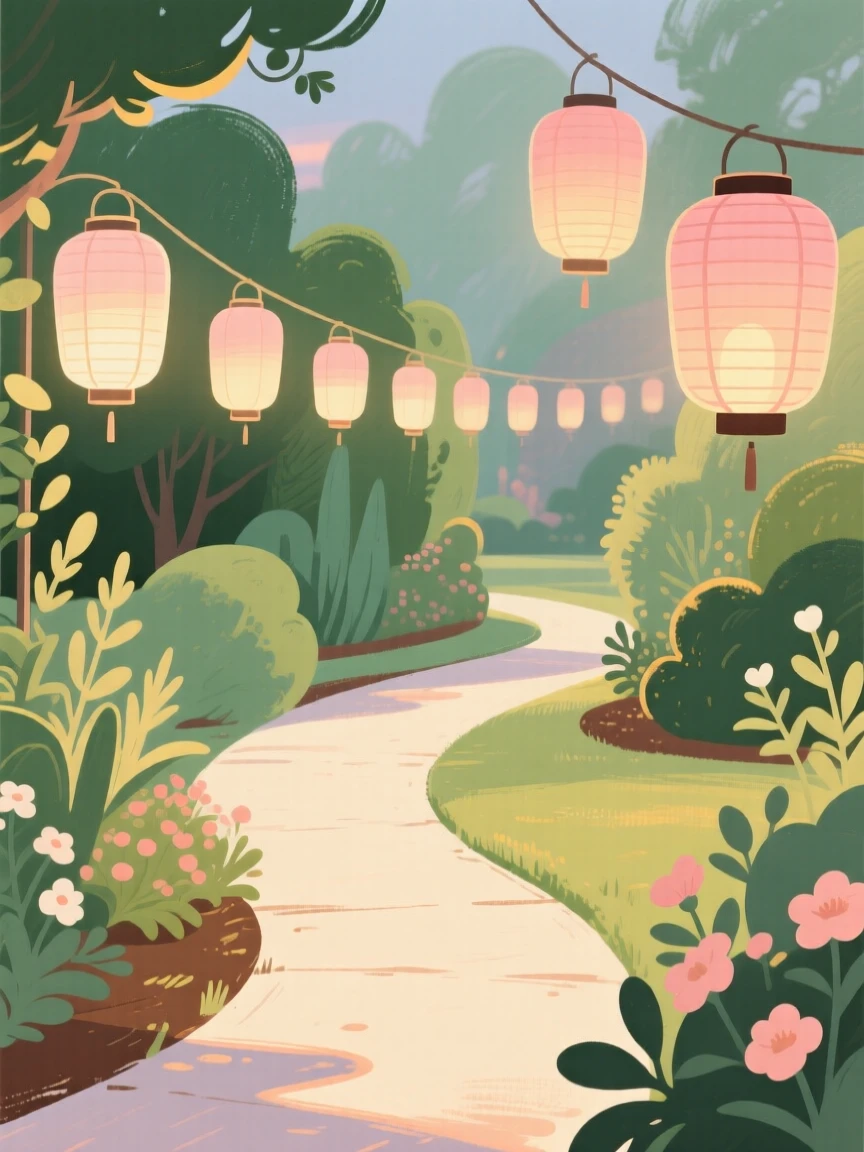 A row of lanterns lighting a garden path during an evening celebration