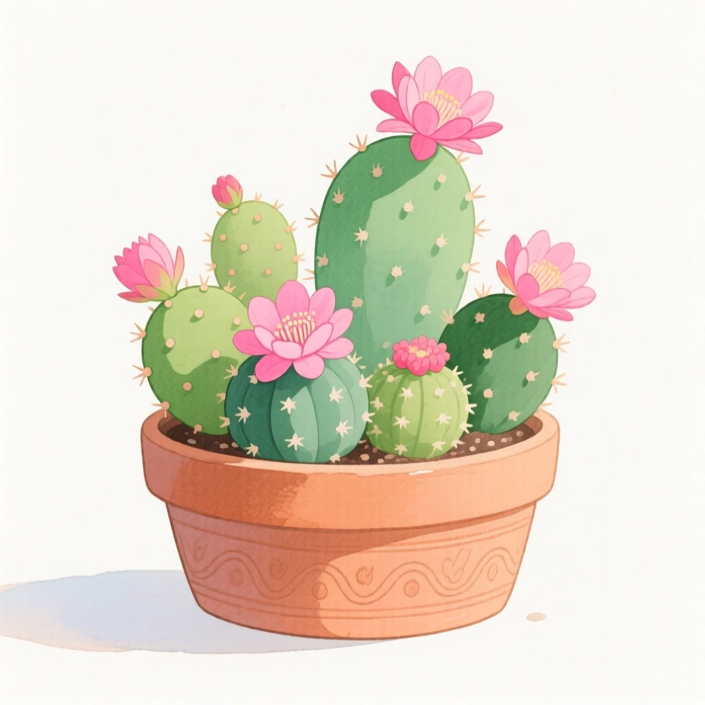 A gentle still-life scene featuring a cactus garden blooming with pink flowers.