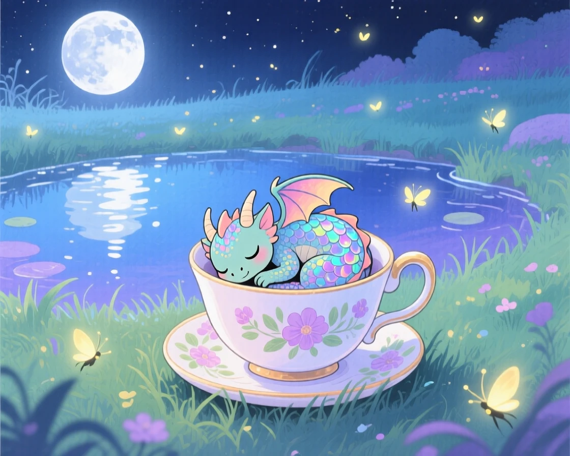 A tiny dragon curled asleep in a teacup resting beside a crystal-clear pond under moonlight, in a moonlit meadow dotted with fireflies, radiating gentle magic and wonder.
