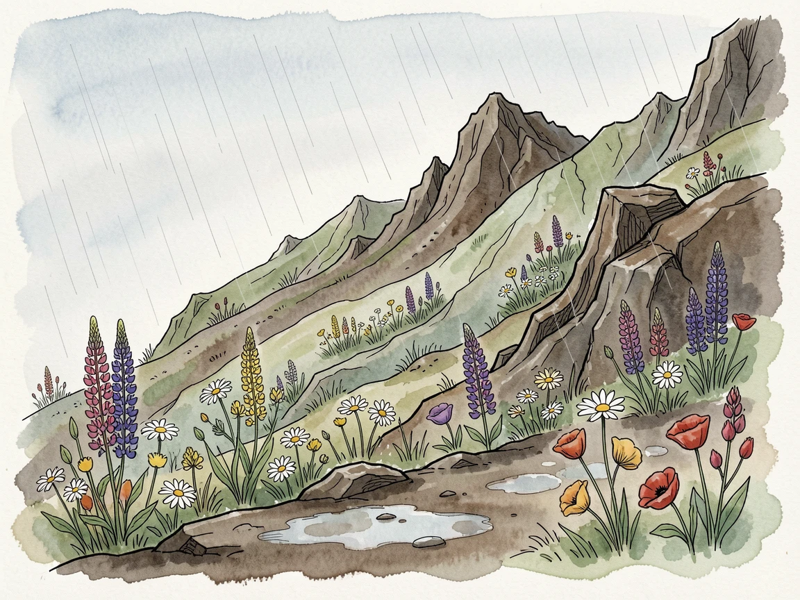 A volcanic hillside covered in wildflowers after a spring rain, the air still and cool with the promise of a new day.