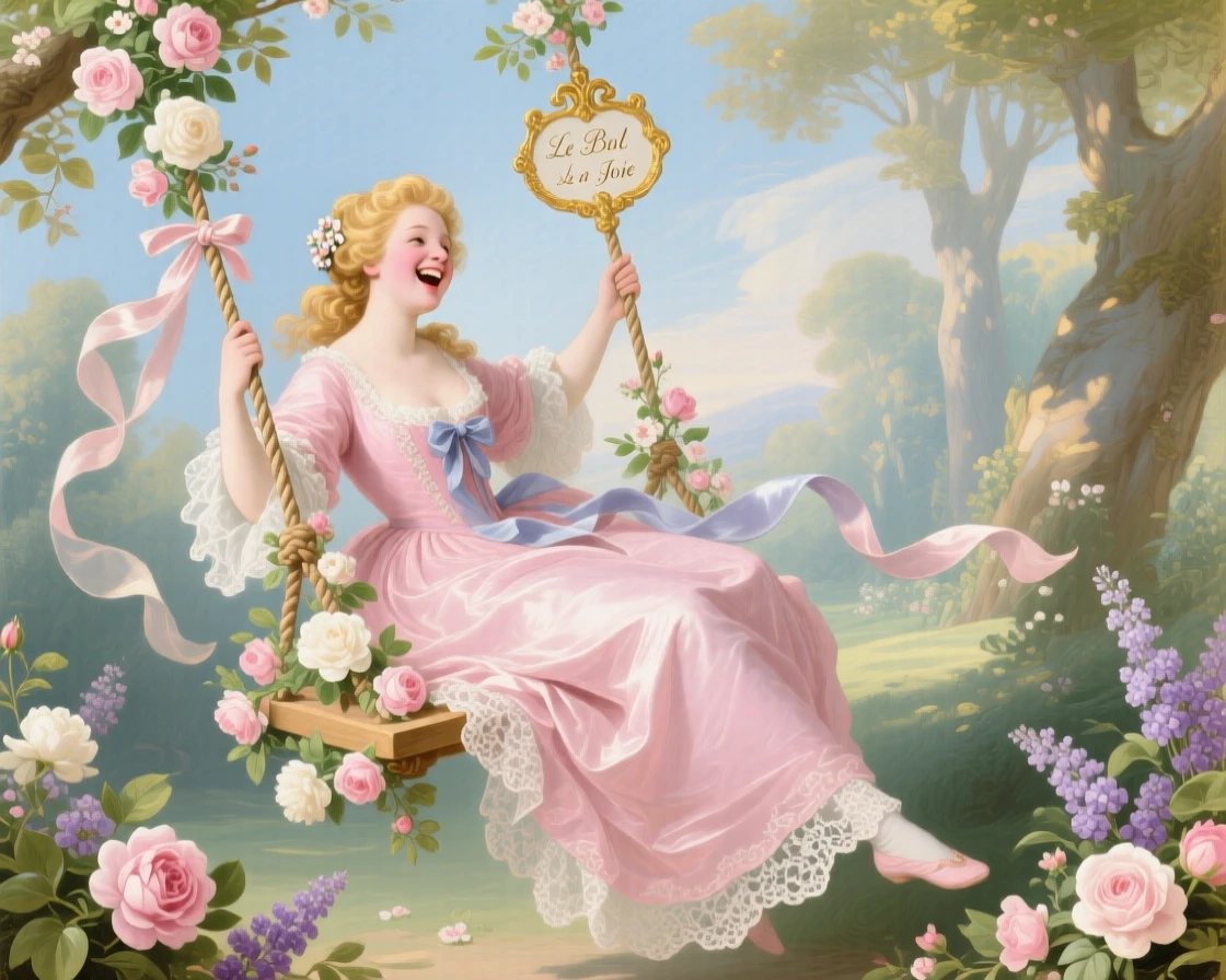 A laughing young woman seated in a swing decorated with blossoms  