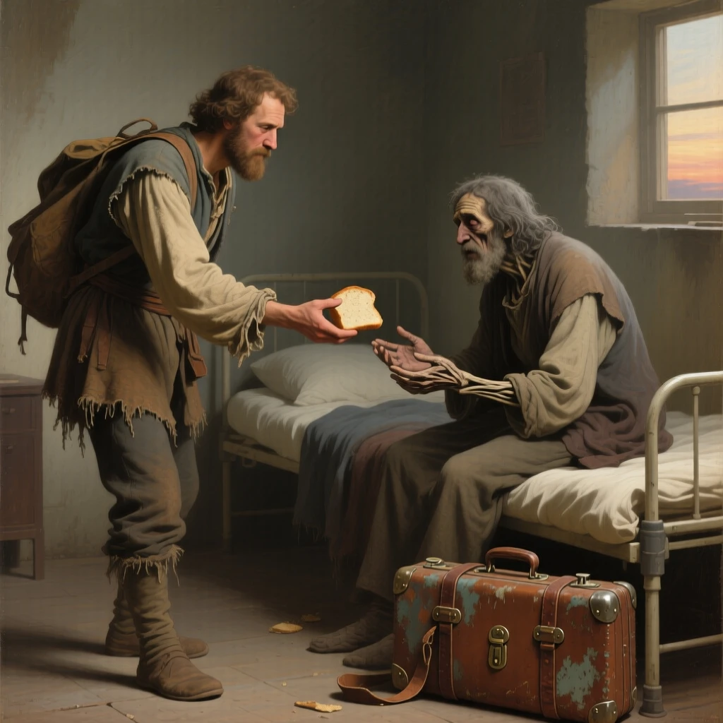 A traveler sharing his last bread with a hungry stranger in a gesture that speaks louder than words, set in a dimly lit hospital ward at the edge of dawn, with worn traveling clothes and a battered suitcase telling their own story; the composition uses negative space to emphasize the distance just closed, overflowing with tenderness, relief, and quiet triumph.