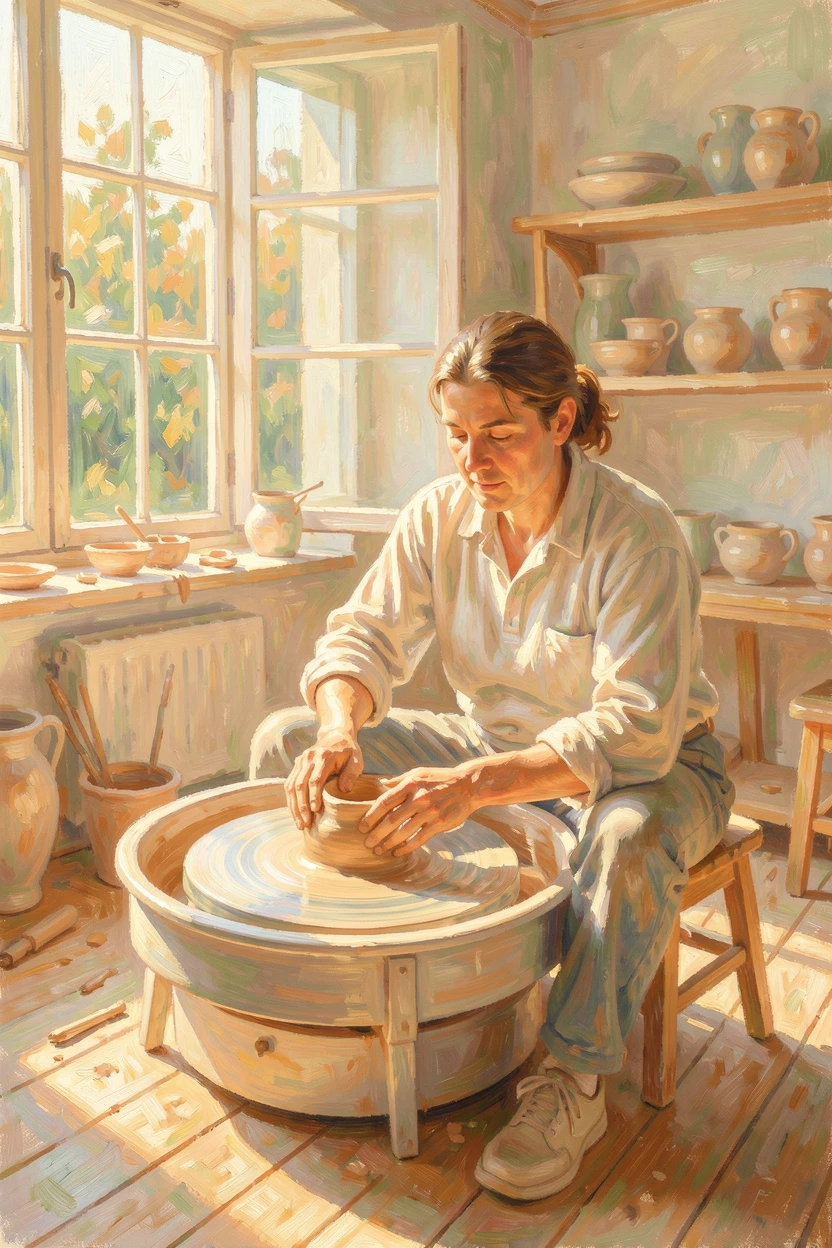 A craftsman shaping clay on a pottery wheel, focused and calm in a sunlit studio.