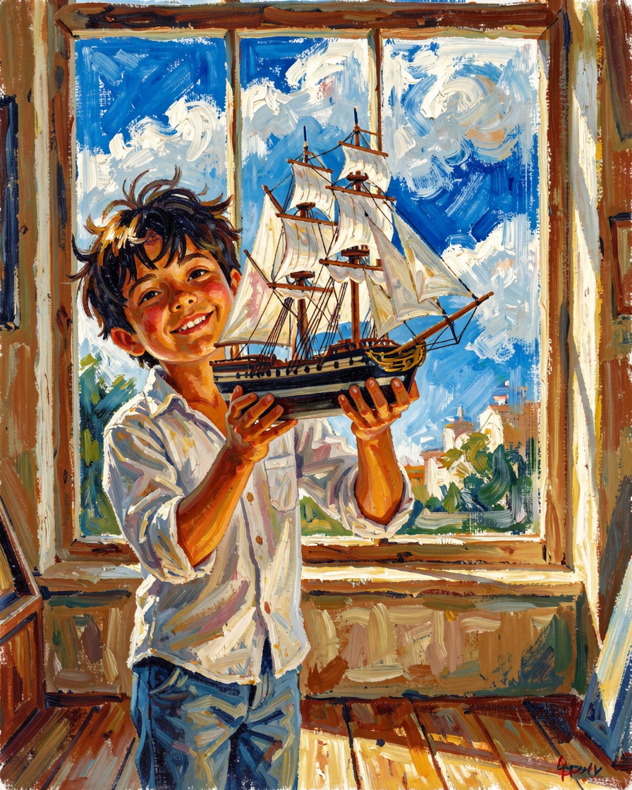 A young boy proudly displaying a model ship he built, sails catching the window light.