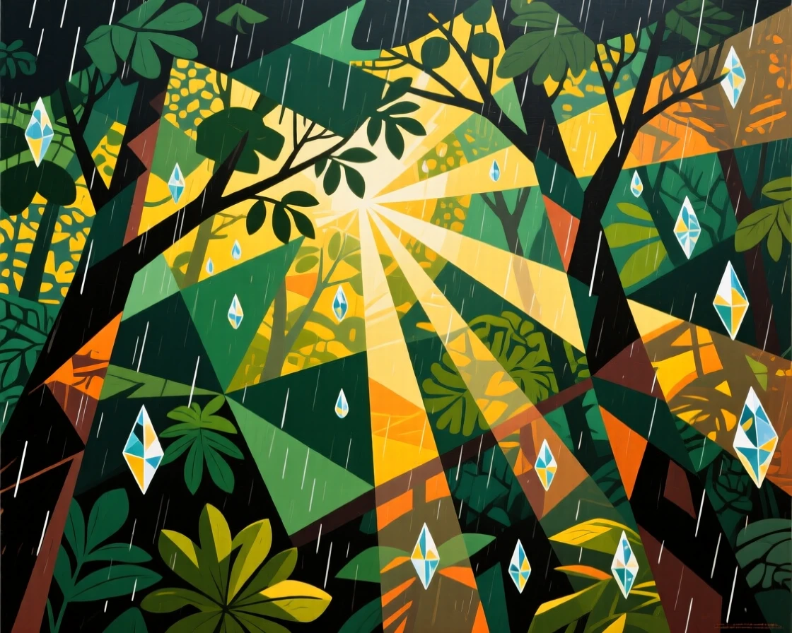 A dramatic atmospheric view of a forest canopy glowing after a sudden burst of sunlight through rain.