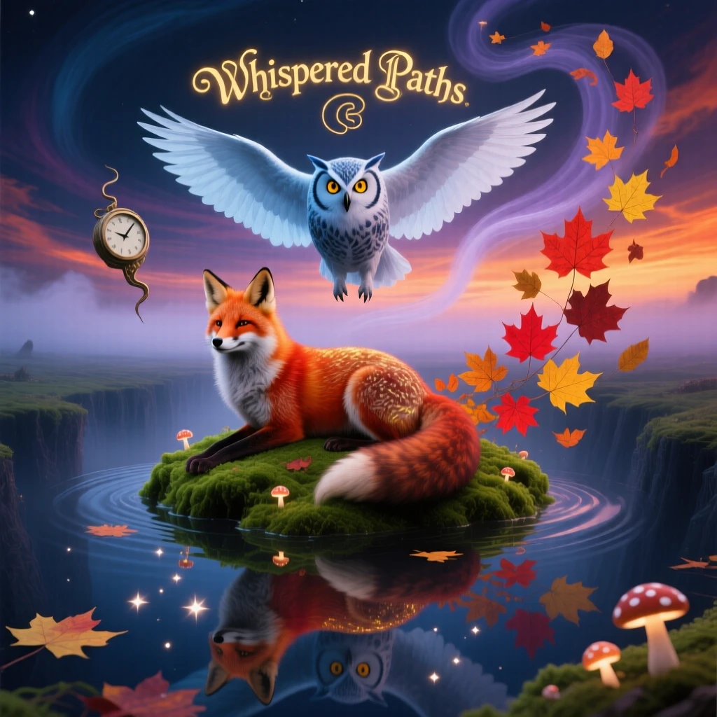 A fox whose tail unfurls into a trail of autumn leaves rests quietly atop a floating patch of green moss, while its reflection shows a completely different creature.