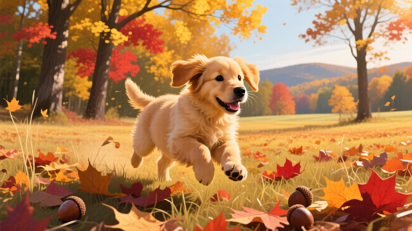 A fluffy golden retriever puppy bounds through a field of fallen autumn leaves, ears flopping mid-jump as golden light filters through the trees behind, the surrounding habitat rendered in enough detail to suggest a specific time and place.