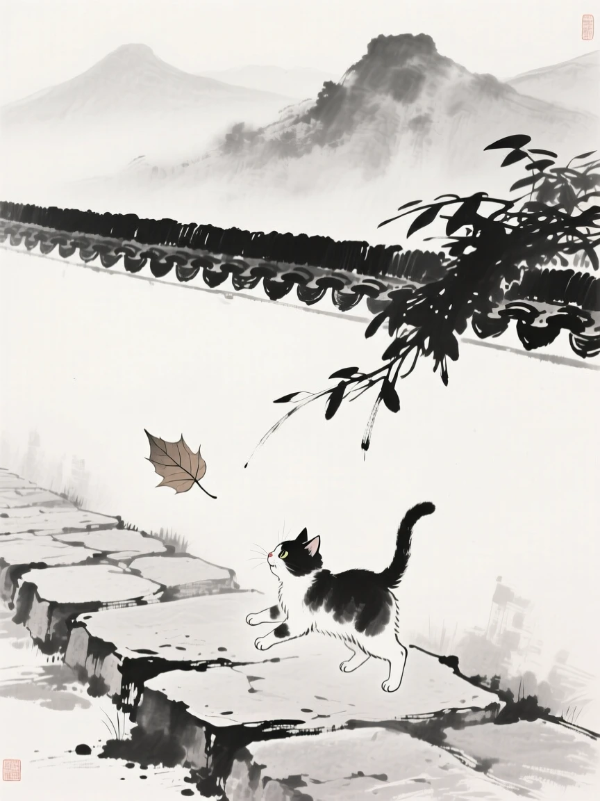 A kitten chases a falling leaf across a stone path, with mountains visible faintly beyond the garden wall.