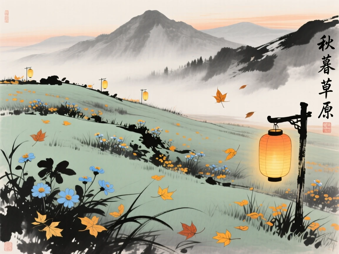 A high alpine meadow dotted with wildflowers, as autumn leaves turn golden, as lanterns are lit for the evening.