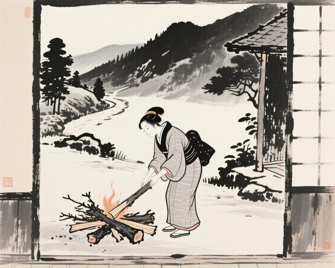 A woman gathering firewood playing together in a quiet courtyard along a quiet mountain trail, framed intimately, focusing on quiet gesture and expression, evoking warmth, simplicity, and quiet dignity.