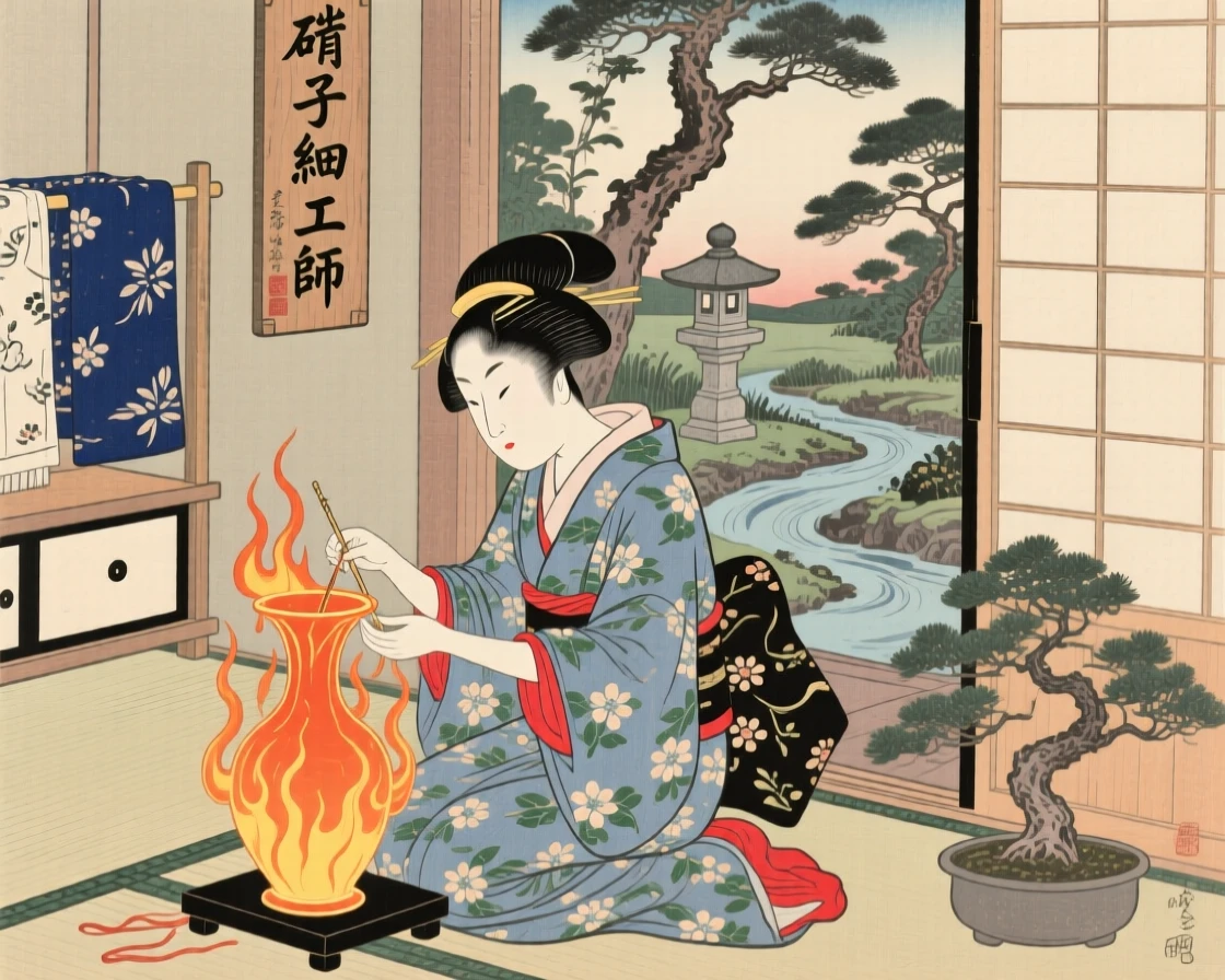 An embroiderer shaping molten glass into a vase.
