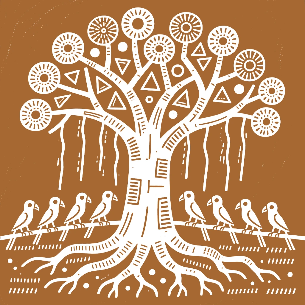 A flock of parrots resting beneath a giant banyan tree.