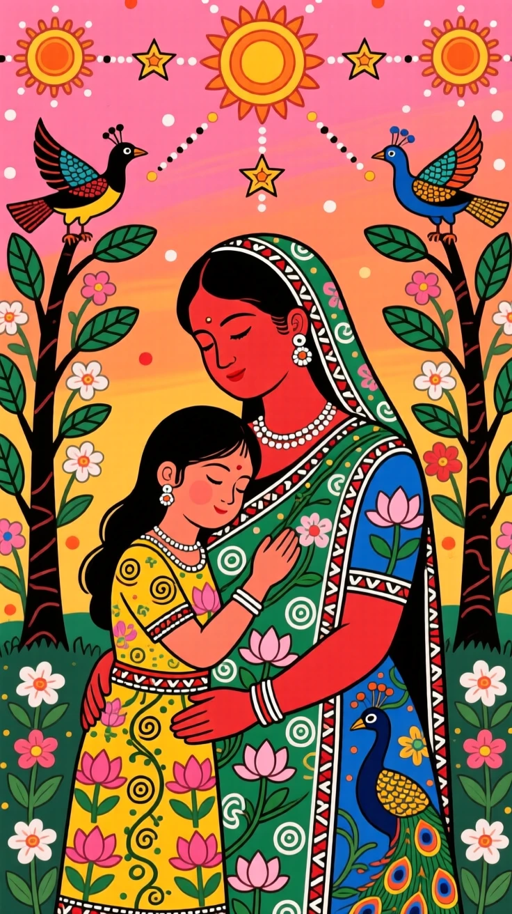 A young girl resting her head on her mother's shoulder at dusk.