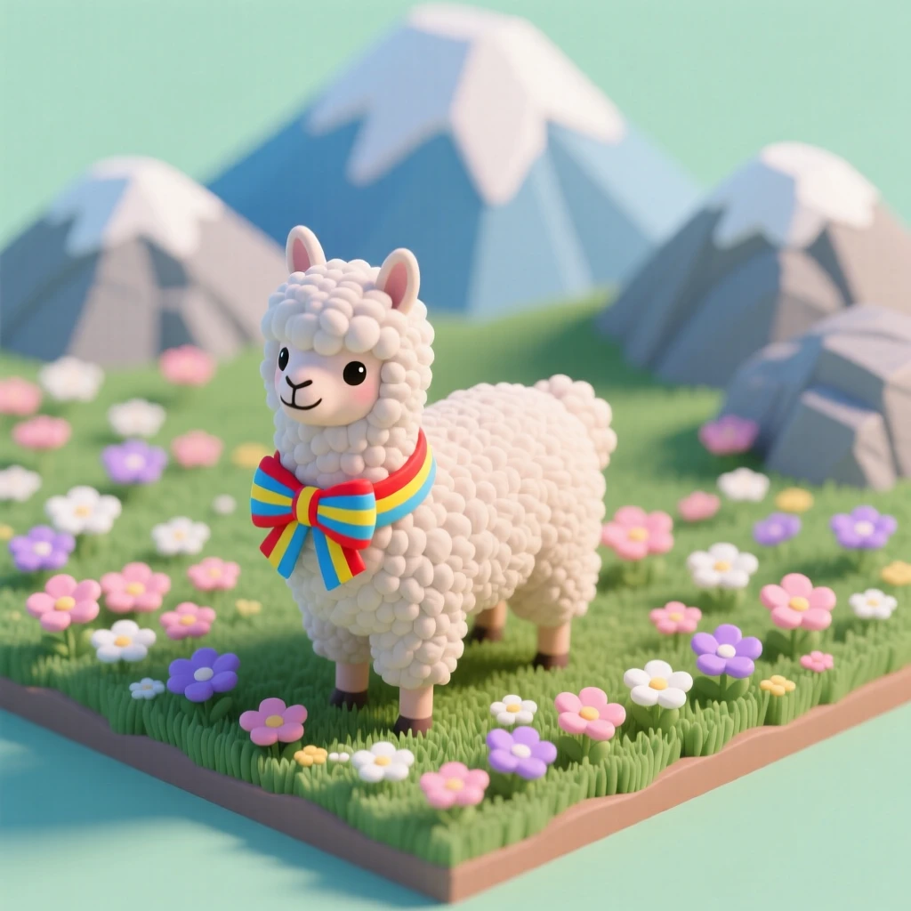 A fluffy alpaca standing in a flower-filled meadow, its wool decorated with a colorful bow, and mountains rising in the distance.