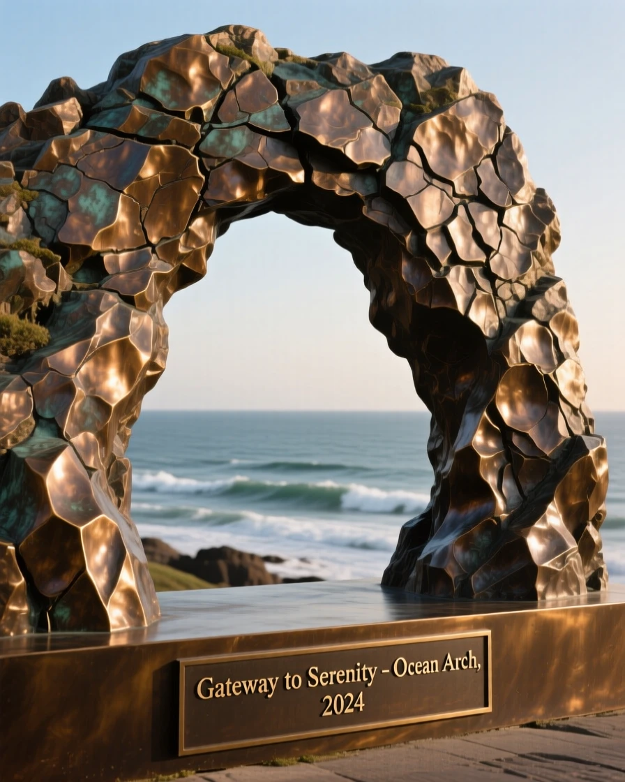 A dramatic rock arch framing a distant ocean view, rendered in vivid, atmospheric detail, offering a breathtaking sense of place