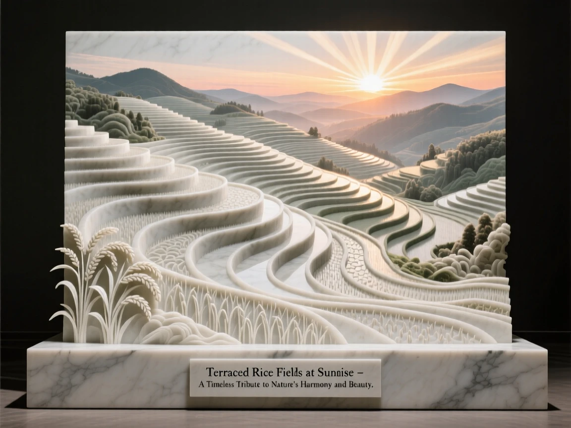A breathtaking view of terraced rice fields at sunrise, rich with color and atmosphere, evoking peace and wonder