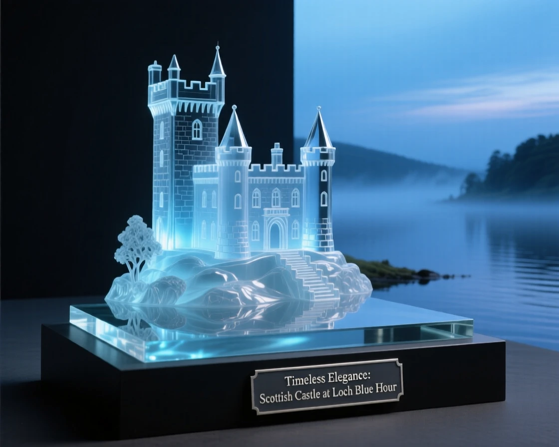 A Scottish castle on a misty loch at blue hour with soft ambient lighting beginning to glow, reflections shimmering nearby, evoking timeless elegance.