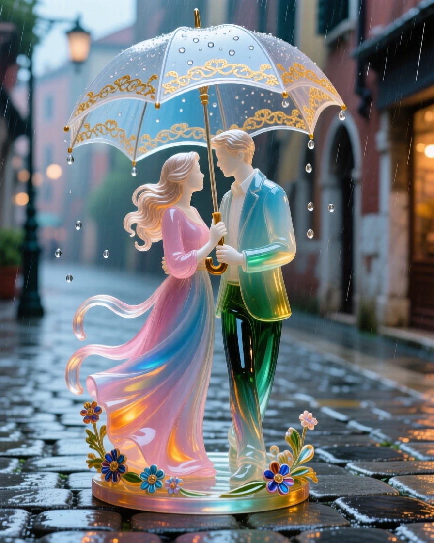 A couple sharing an umbrella while walking through a rainy cobblestone street, romantic and cozy.