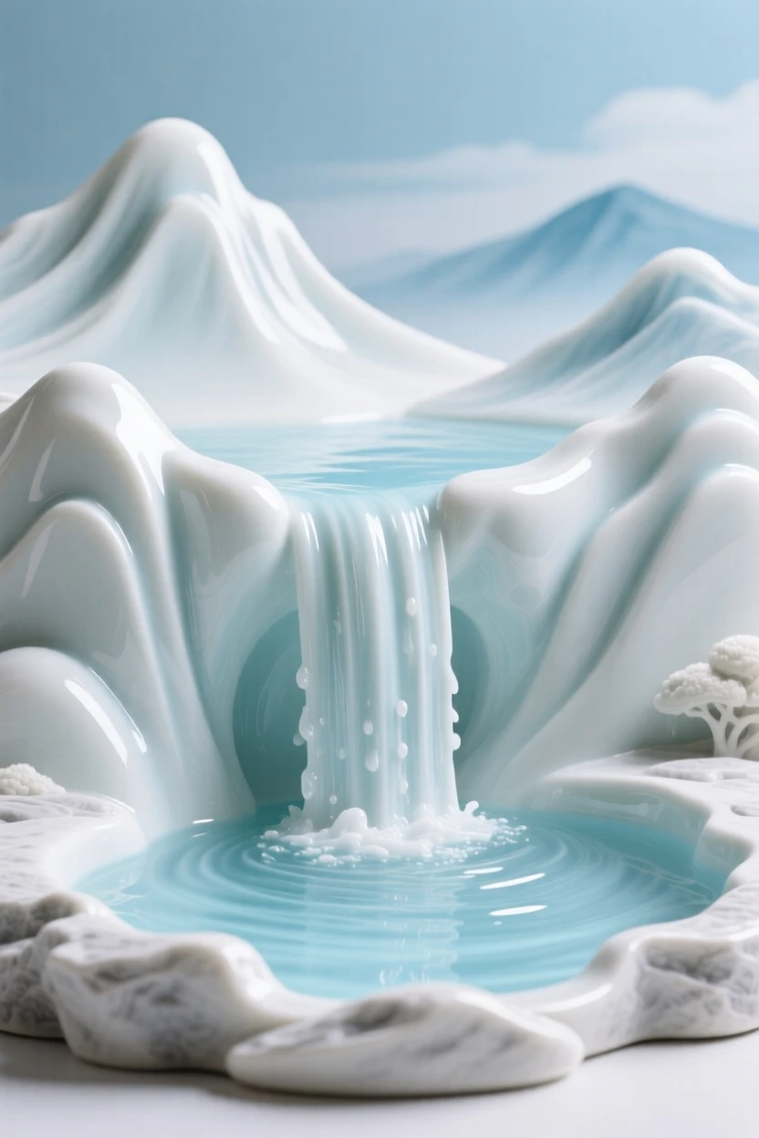 A tranquil waterfall cascading into a crystal pool, framed by distant mountains.
