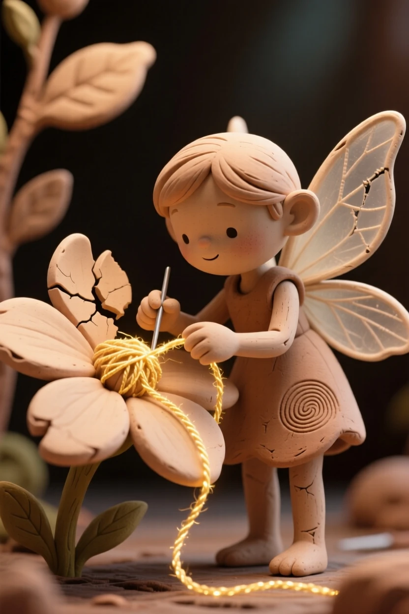 A tiny fairy repairing a broken flower petal with glowing thread
