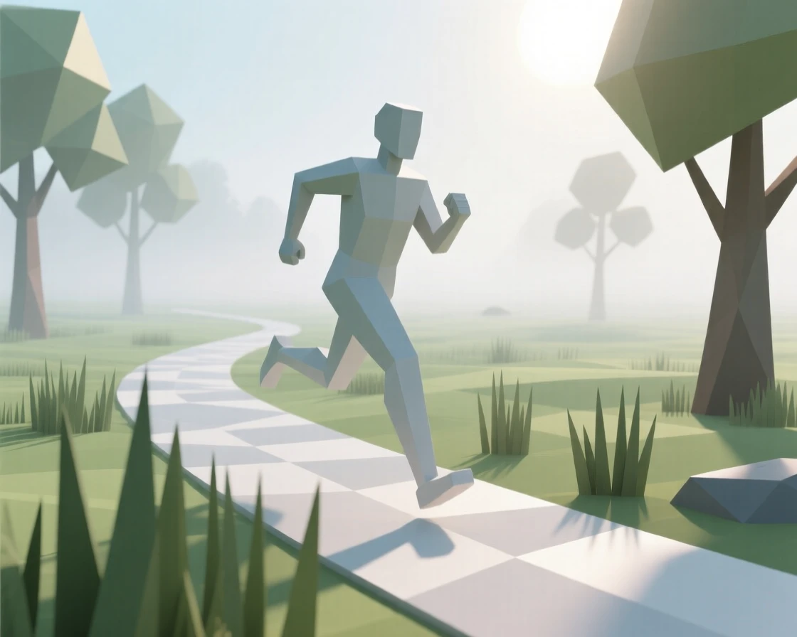 A runner sprinting through a misty morning trail, in a quiet, sunlit meadow. the composition captures genuine, candid emotion. The scene radiates pure joy.