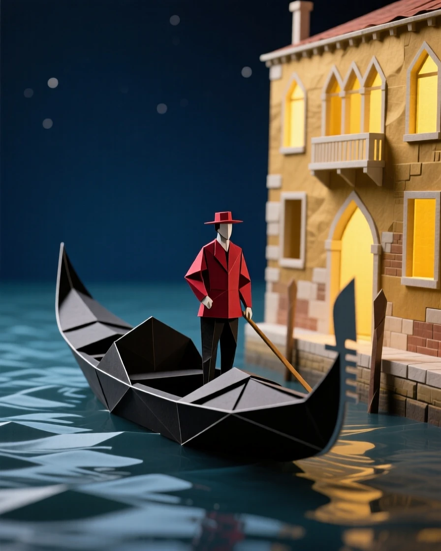 A traditional gondola gliding past illuminated palazzos along Venice's Grand Canal at night.