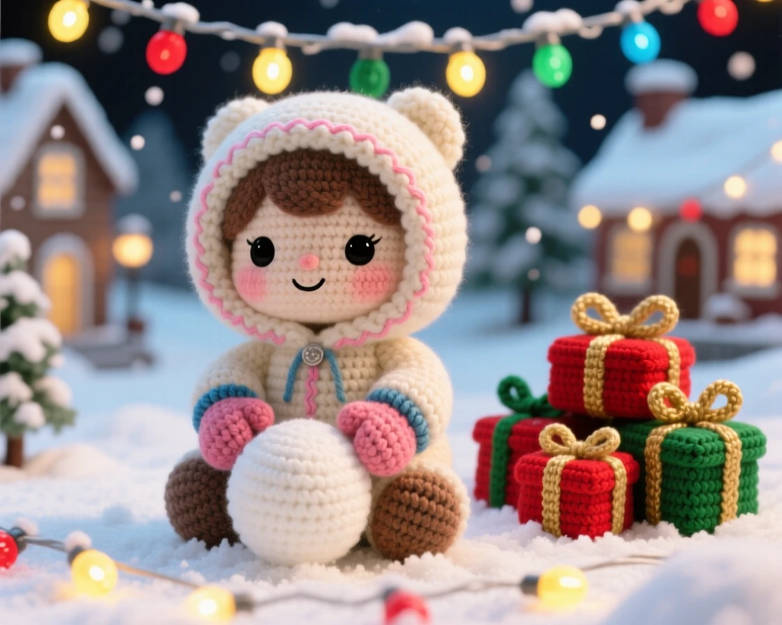 a small child in a snowsuit, with rosy cheeks and mittened hands, building the first snowball of winter, set in a snow-covered village square strung with lights, with a small pile of wrapped presents, full of the joyful anticipation of a favorite season.