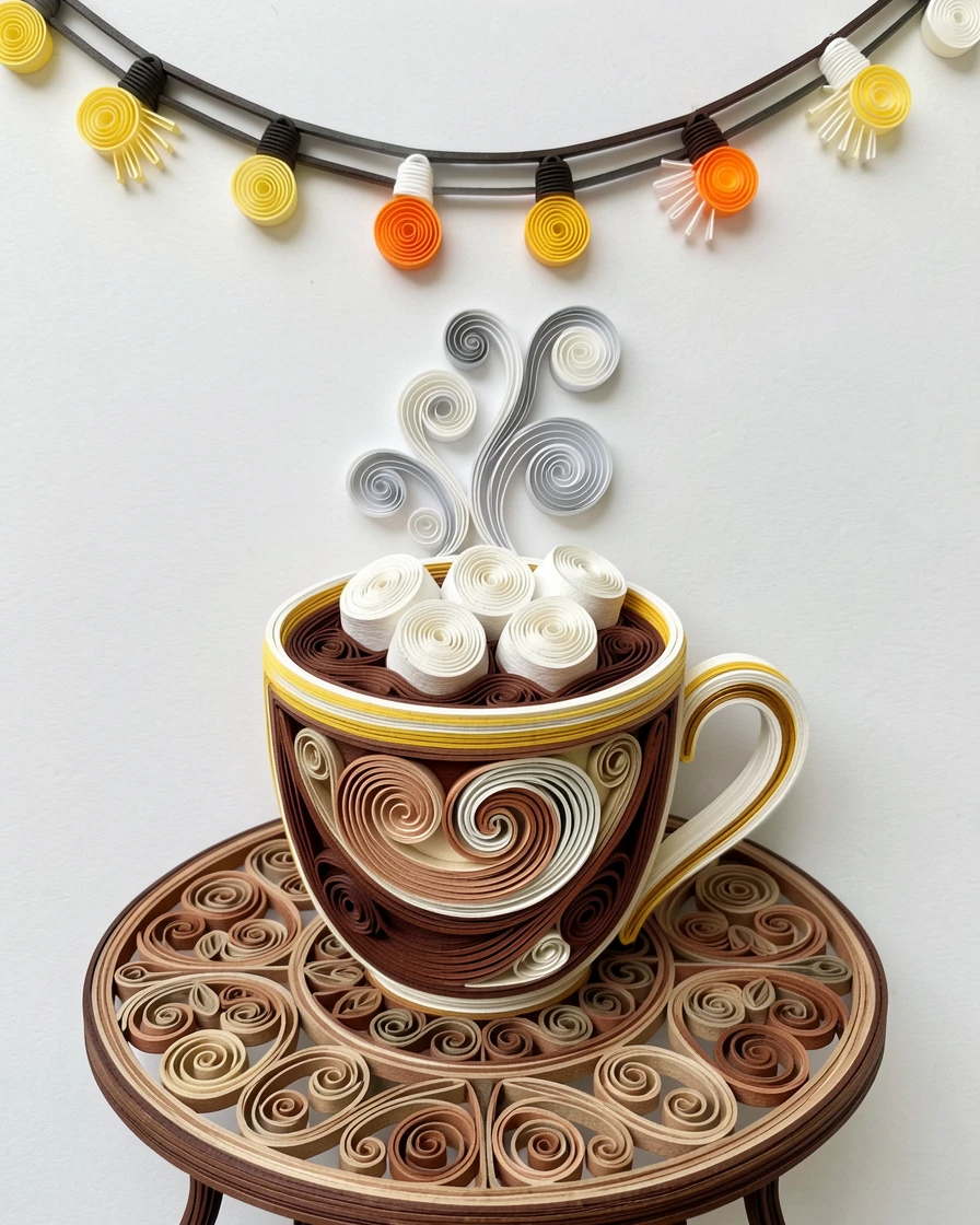 a steaming mug of hot chocolate topped with marshmallows, at an outdoor café table with string lights above, shown from a cozy eye-level perspective, with soft steam rising gently into the air.
