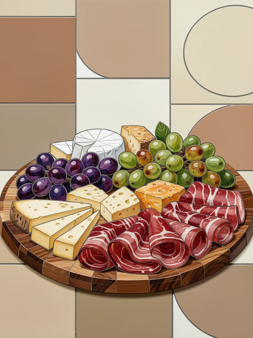 A close-up gourmet food photograph of a rich charcuterie board with cheeses, grapes, and cured meats, with rich color and inviting texture.