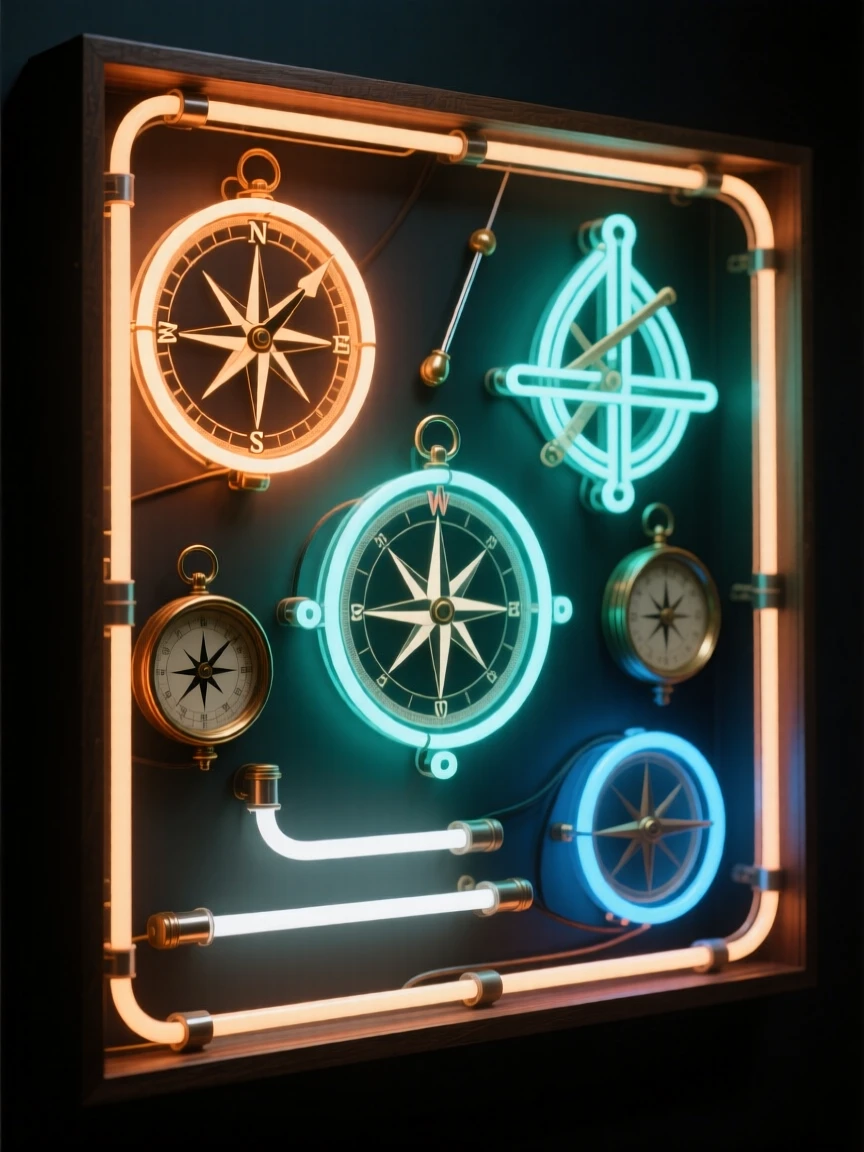 A display case of antique compasses and navigational tools.