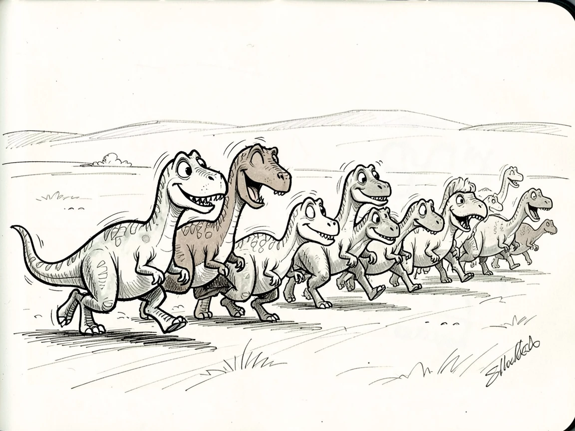 A dinosaur family walking together beside a herd crossing a plain.