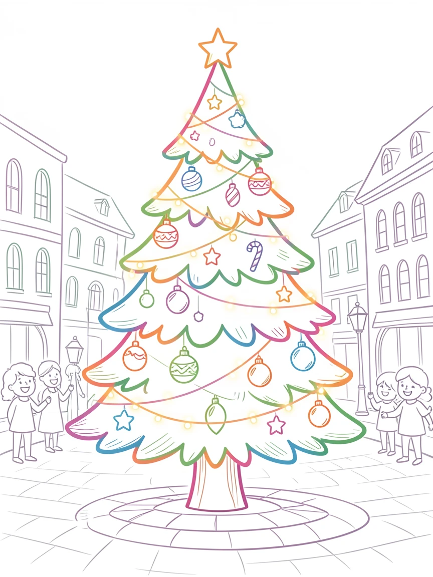 A festive Christmas tree decorated with ornaments and glowing lights in a town square.