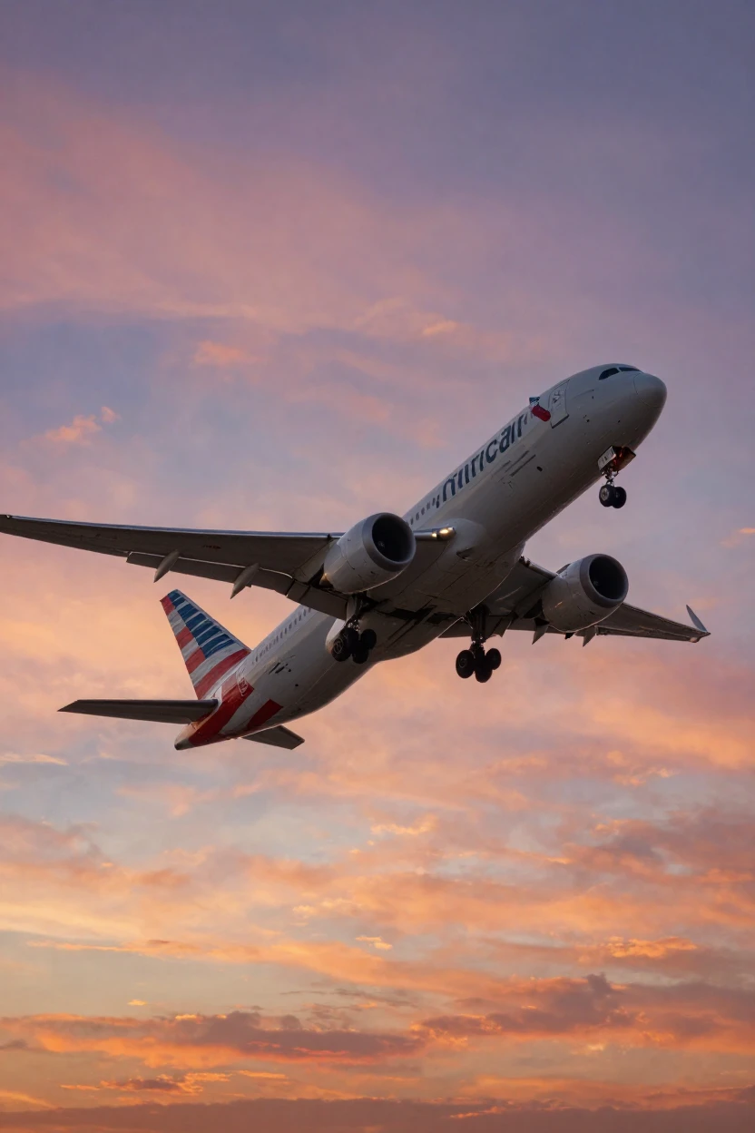 A commercial airliner ascending into a colorful sunset sky