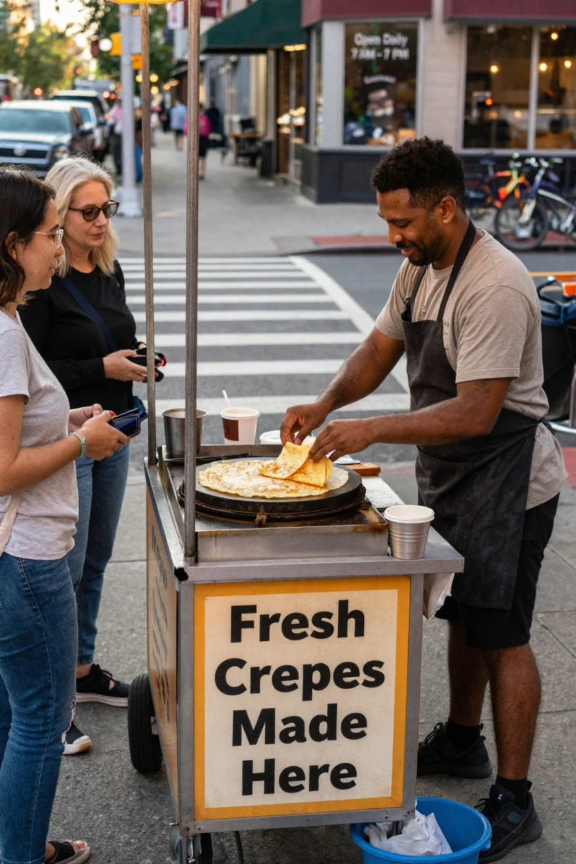 A street food cart sizzles with fresh crepes being folded for a line of customers.