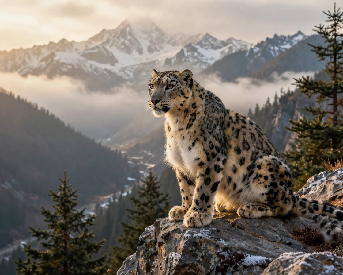 A snow leopard perched silently on a rocky ledge overlooking a Himalayan valley