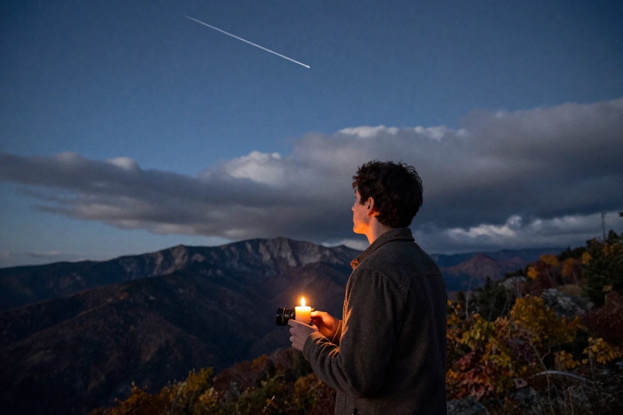 A shooting star streaking across a clear night sky over mountains, under flickering candlelight, under a darkening storm sky, in the mild days of early autumn, in cool blues and silvery greys, over the shoulder of the main subject.