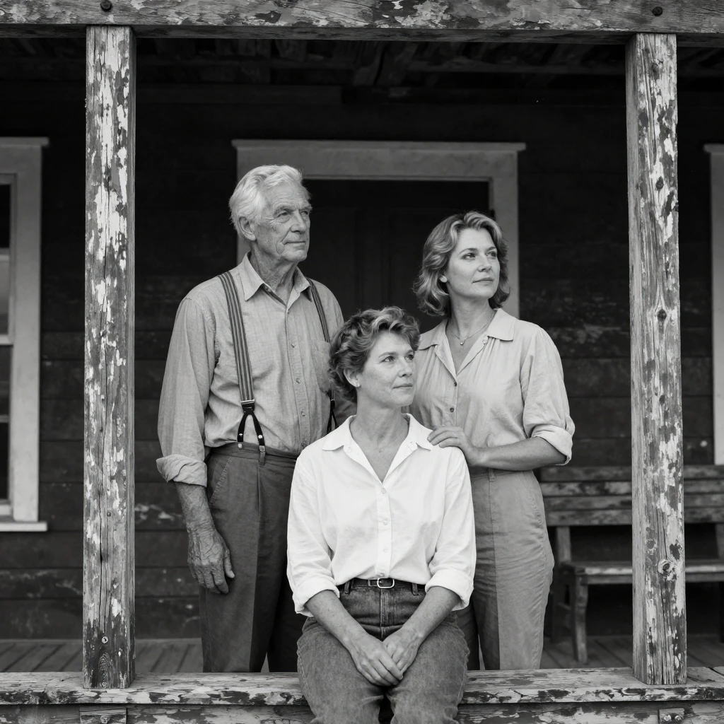Three generations of a family pose together for a portrait on a rustic farmhouse porch.