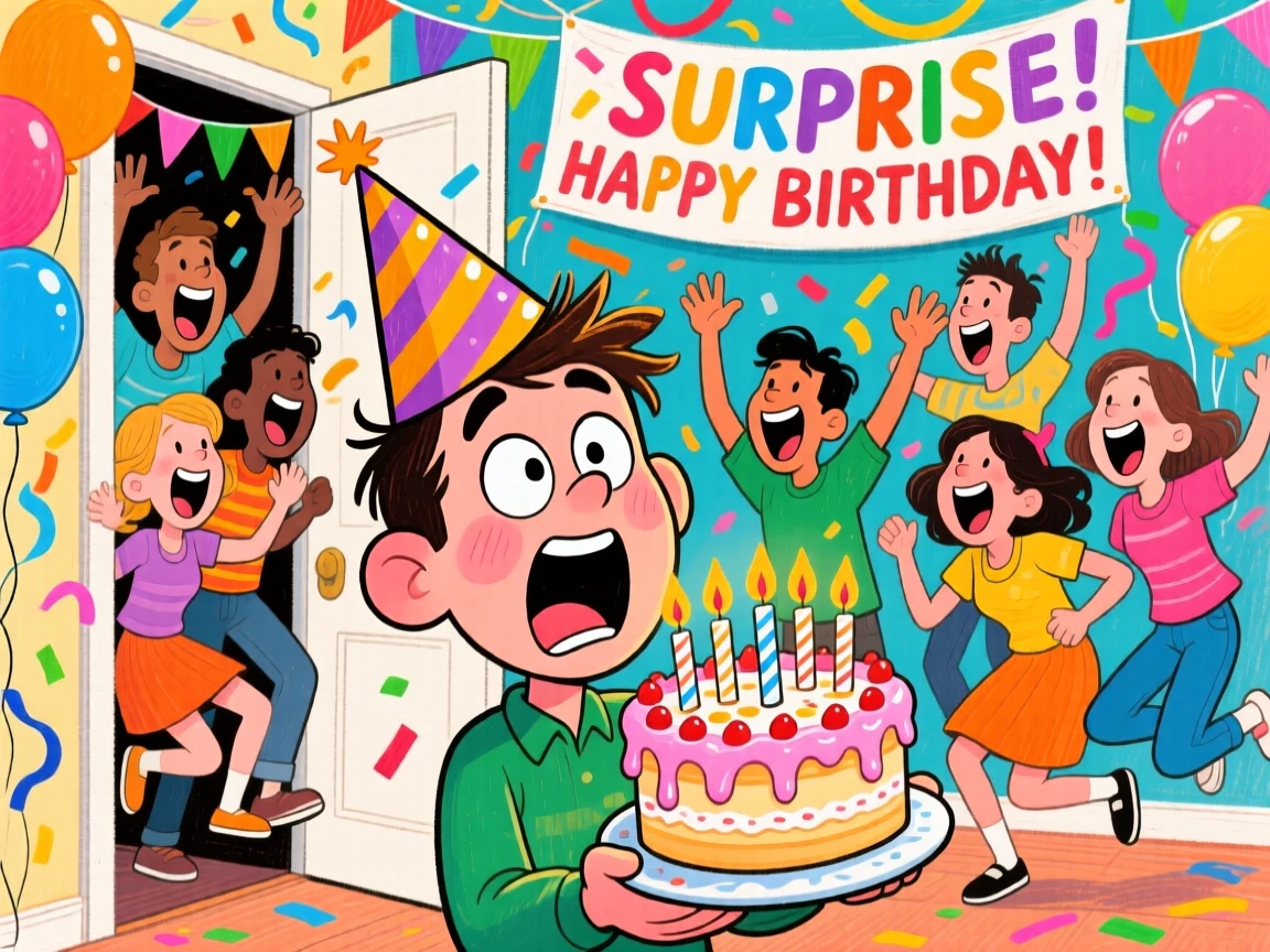 A birthday celebration with a surprise party, everyone jumping out shouting in unison.