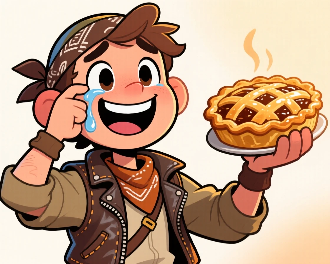 A charming portrait of a bold adventurer, wiping away a happy tear while smiling, holding up a freshly baked treat.
