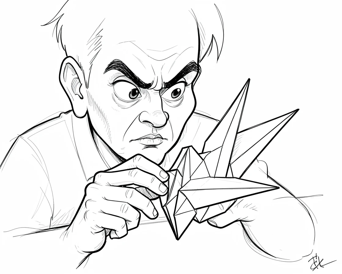 [Occupations & Hobbies] Detailed scene of a skilled origami artist folding a delicate paper crane, showcasing skill and dedication