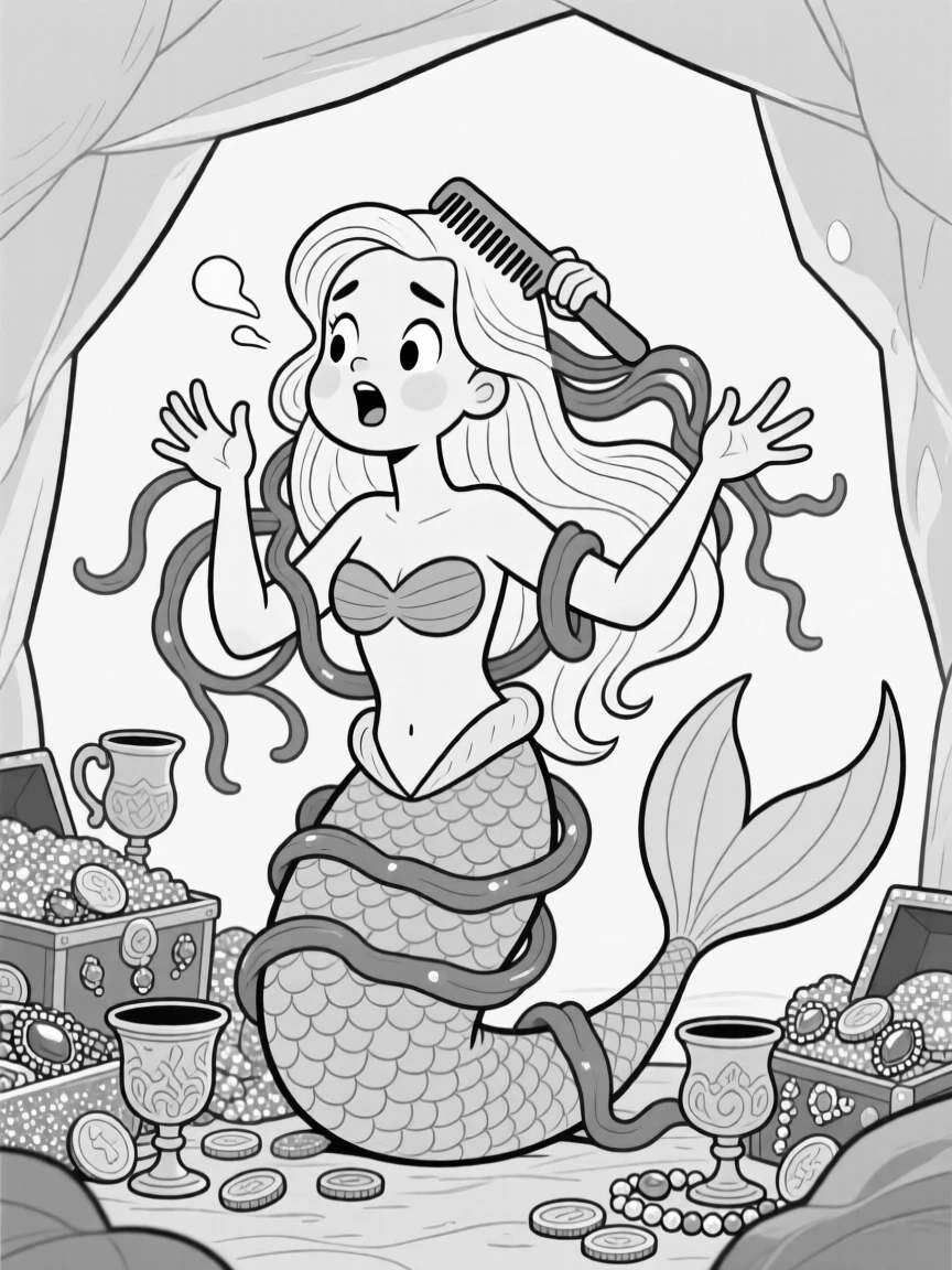 A mermaid tangled in seaweed while combing her hair, waving tiny arms wildly to close a deal, set in a cozy cave lined with glittering treasure. Scales shimmer faintly with every breathy snore. There's a cozy, storybook warmth to the whole image.