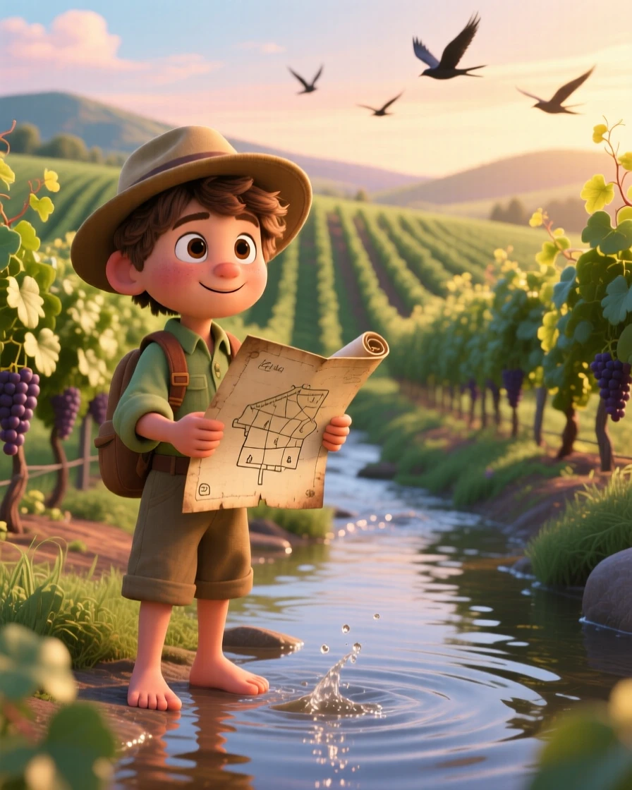 A young explorer with a map in hand stands in a vineyard with rows stretching into the distance, dipping their toes into the cool water. The mood is adventurous, peaceful, and awe-inspiring, with distant birds gliding on the breeze.