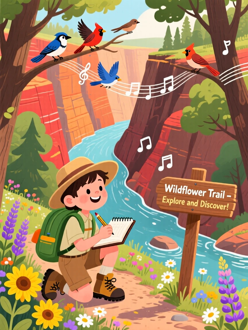 In a canyon carved by an old river, a curious camper is identifying wildflowers along a forest trail, with birdsong echoing through the trees.