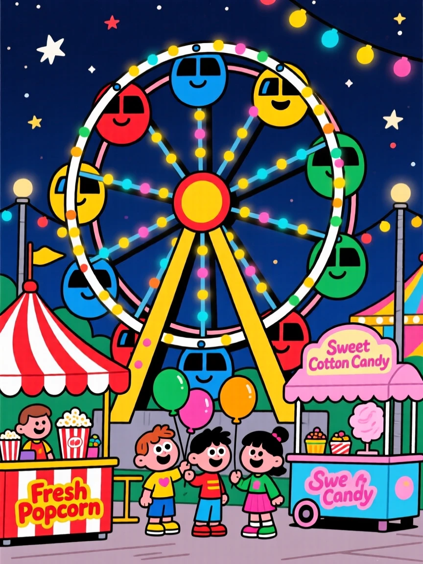 A carnival with a colorful ferris wheel lit up at night.
