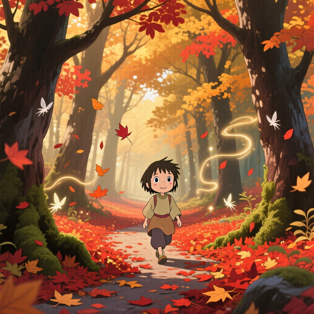 A autumn scene of a forest path blanketed in fiery red and orange leaves, with a gentle breeze stirring the scene.